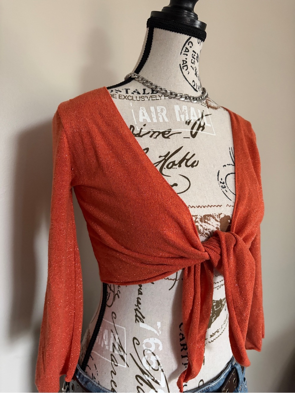 Y2K Burnt Orange Sparkly Cropped Bolero Shrug Long Sleeve Front Tie | Boho Fairy - Picture 2 of 10